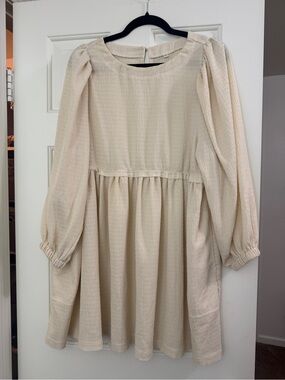 Cream Long-Sleeve Puff-Sleeve Casual Mini Dress